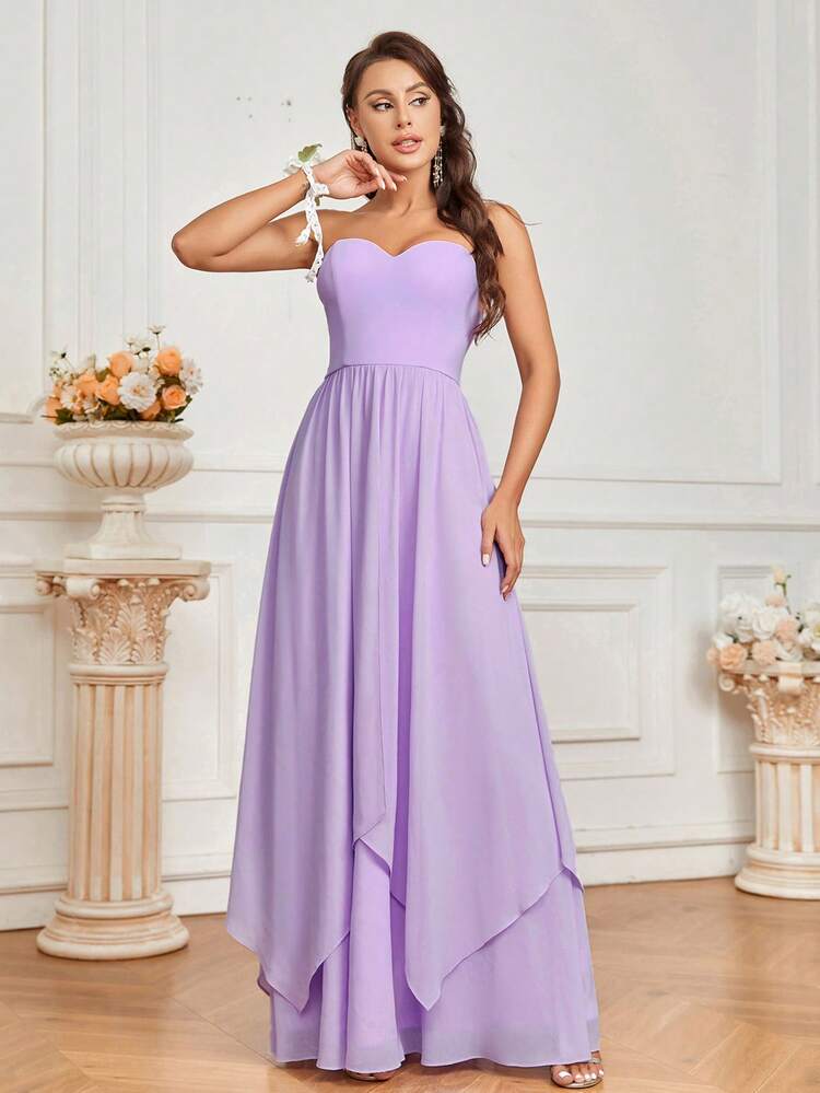 Elegant, Charming And Feminine Woman, Wedding Season, Elegant Purple Chiffon Tube Top Type, High Waist Gathered Decoration, Volumetric Umbrella Dress, Asymmetrical Hem, Holiday Season, Easter Back To School Season, Graduation Season Prom Bridesmaid Dress