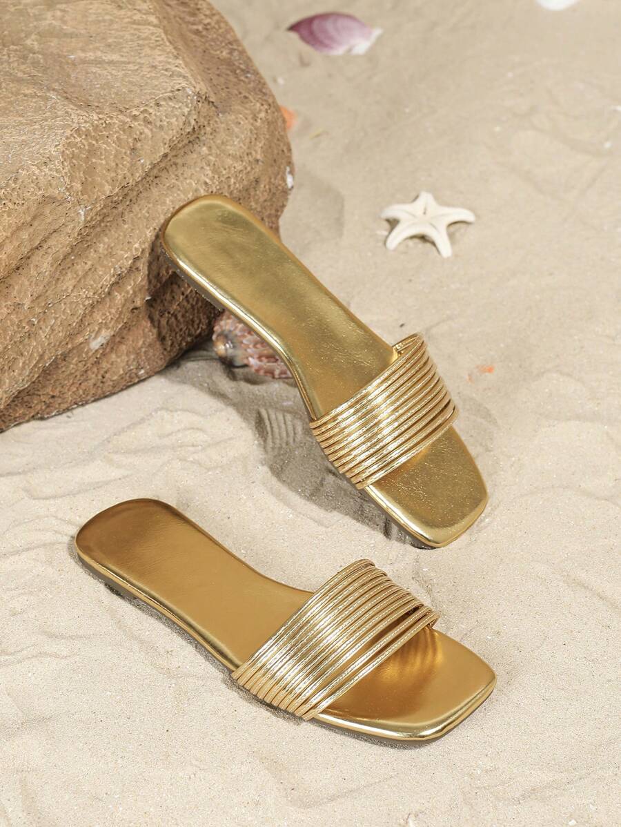 2025 Sommer Neuankömmling, Damen Flache Sandalen mit quadratischer Zehenkappe, Streifen Einfacher Stil, Goldfarbe, Strandoutfits - Gold - Übersicht 1