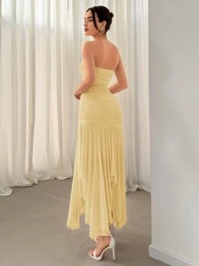 Aloruh 女式不对称下摆荷叶边约会及婚礼季节连衣裙 - 杏色 - 查看 2