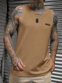 Manfinity BRENVOR Men Casual Knitted Sleeveless Tank Top With Round Neckline And Letter Print For Summer - Khaki - View 3