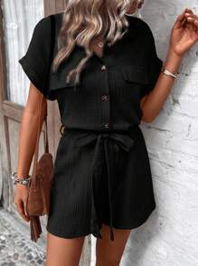 SHEIN LUNE Solid Color Plisse Flap Detail Waist Belt Shirt Romper For Summer