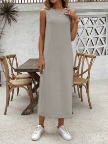 Breezaya 女士纯色无袖休闲日常装春夏连衣裙长款女装 - 淺灰色 - 查看 6