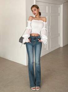 DAZY Blusa da donna con spalle scoperte e maniche lunghe, adatta per l'abbigliamento quotidiano e le vacanze primaverili/estive - Bianco - Visualizzare 5