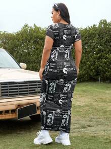 SHEIN EZwear Vestido ajustado sin cinturón con estampado aleatorio de periódico, talla grande, para verano