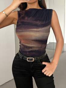 RosyDaze Camiseta de tirantes para mujer con patrón floral aleatorio