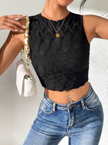 SHEIN LUNE Áo crop top màu trơn họa tiết mỏng cho mùa hè - màu đen - Xem 5