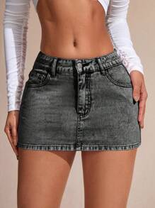 SHEIN BAE Women Denim Skirts Tombol Kantong Zip Plain - Dark Grey - View 4