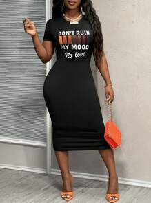 Slaydiva Casual Summer Black Don't Ruin My Mood Printed Round Neck Short Sleeve Bodycon Long Dress