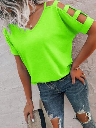 SHEIN LUNE Fluoreszierendes grünes V-Ausschnitt Hollow Out Batwing Ärmel T-Shirt für Sommer