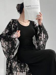 Modelyn Women Floral Print Bell Sleeve Coat And Solid Color Slim Long Dress Two-Piece Set For Spring/Autumn 2 Pieces Set