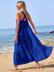 SHEIN VCAY Women Solid Color Ruffle Hem Vacation Style Spring/Summer Dress