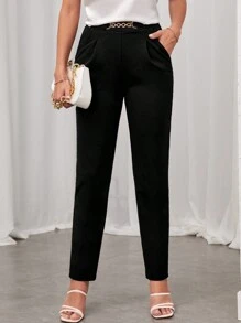 SHEIN Tall Pantaloni neri aderenti per donne con dettaglio a catena e tasche crociate - nero - Visualizzare 3