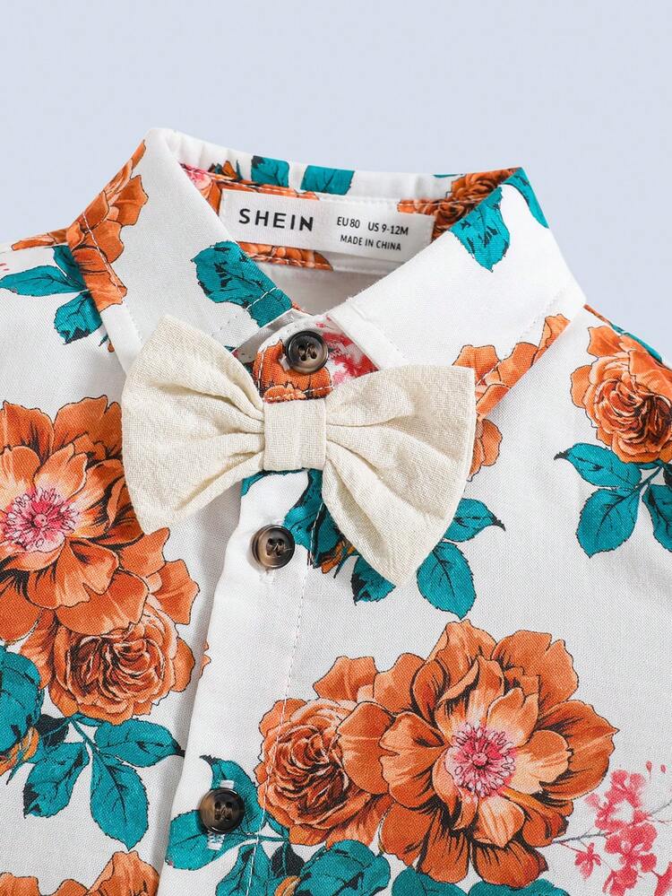 Baby Boys' Floral Pattern Decorated Bow Tie Collared Short Sleeve Shirt With Suspenders And Shorts Set