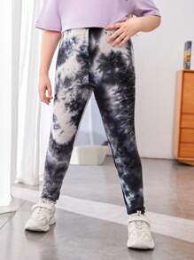 SHEIN Tween Girl Extended Size Contouring Mid-Rise Tie Dye Pattern Long Leggings For Casual Wear - Black and White - View 5