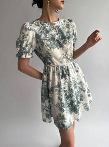 Firerie Women Bubble Sleeve A-Line Landscape Painting Printed Dress - Green - View 2