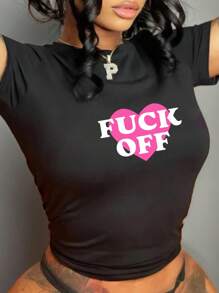 Slaydiva Áo thun cổ tròn tay ngắn in hình trái tim và chữ đơn giản, phù hợp với phụ nữ ngoại cỡ mặc mùa hè - màu đen - Xem 1