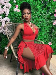 Slaydiva Ensemble Haut à volants à col ras-du-cou rouge + Jupe nouée - Rouge - Voir 3