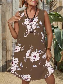 EMERY ROSE 復古無袖背心上衣和及膝連身緊身裙，適用於女士休閒夏季大尺碼 - 咖啡棕 - 查看 3