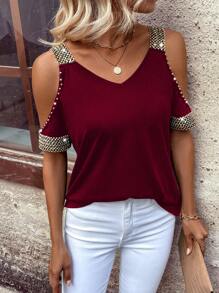 EMERY ROSE Camiseta de verano con hombros descubiertos, decoración de cuentas, y estampado gráfico, para mujer
