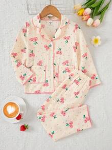 Young Girl Long-Sleeved Cherry Print And Buttoned Front In Apricot Color, Homewear 2-Piece Set - Multicolor - View 1