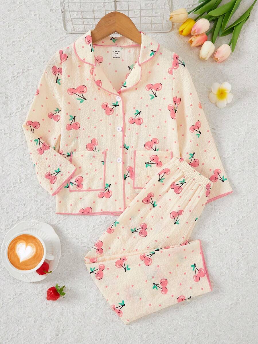Young Girl Long-Sleeved Cherry Print And Buttoned Front In Apricot Color, Homewear 2-Piece Set - Multicolor - View 1