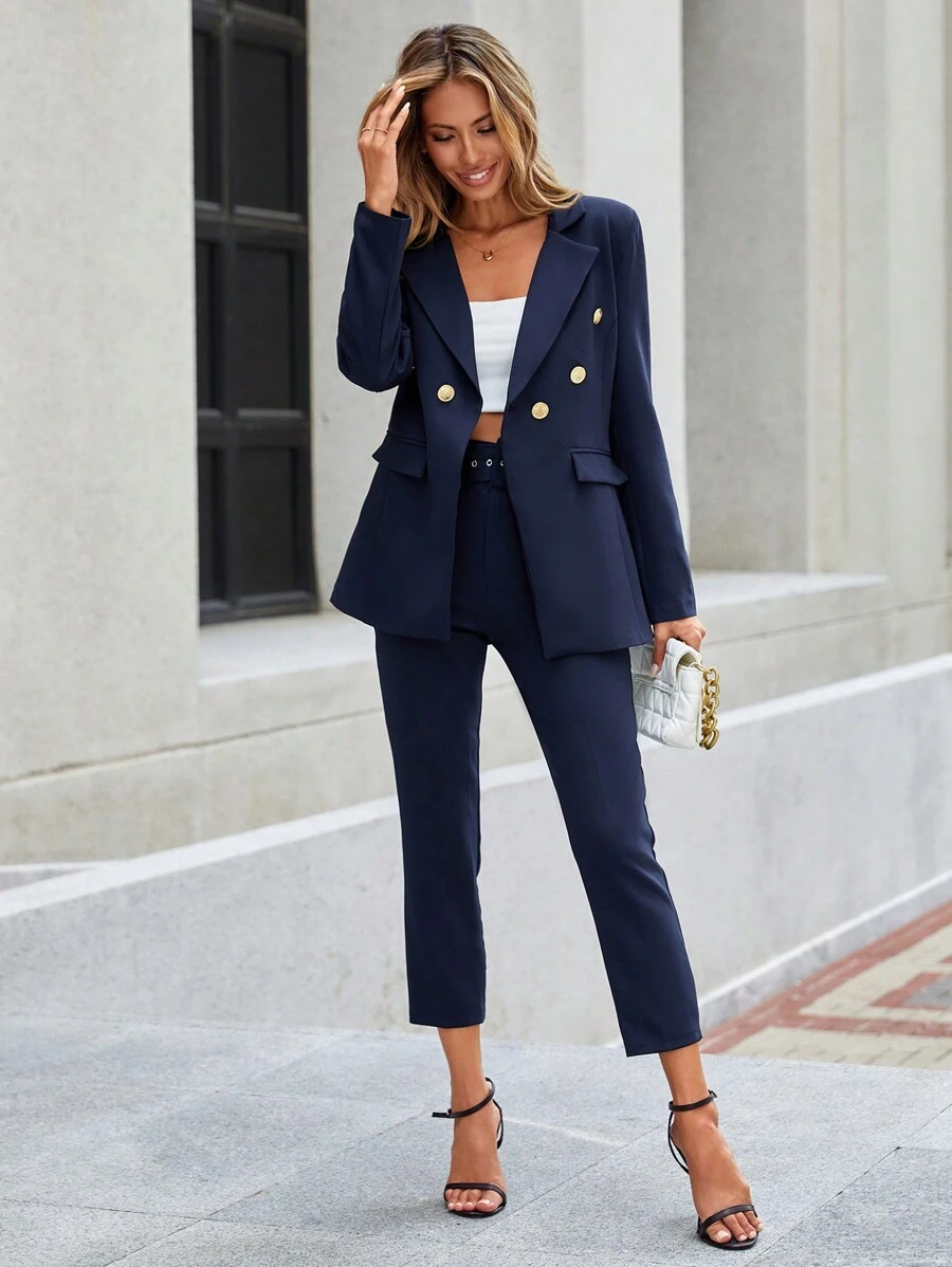 EURMUSE Women's Solid Color Double-Breasted Long Sleeve Blazer And Skinny Pants Suit Set - Navy Blue - View 1