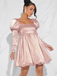 L'Amorae Gigot Sleeve Bubble Hem Satin Dress