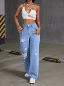 SHEIN Tall جينز بخصر عالي بتمزقات وغسيل عادي بجيوب بلون واحد - أزرق متوسط - مشاهدة 3