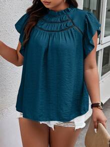 Calvaya Plus Size Women Summer Shirt With Petal Sleeves And Frill Collar - Blue - View 4