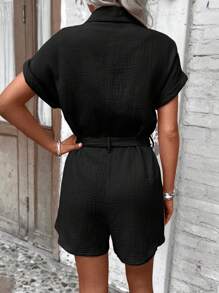 SHEIN LUNE Solid Color Plisse Flap Detail Waist Belt Shirt Romper For Summer