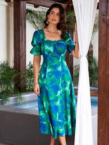 SHEIN Privé Vestido largo para mujer en colores azul y verde con cuello cuadrado, mangas abullonadas, cintura fruncida y estampado floral en bloques de color. Con diseño de copa en el pecho. - Multicolor - Ver 4