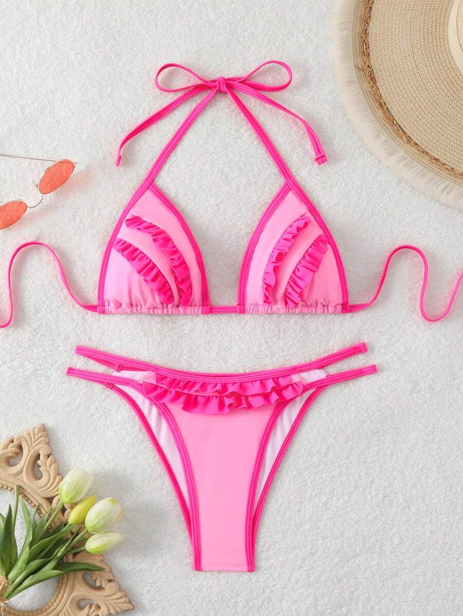 SHEIN Swim Colorblock Contrast Frill Trim Two-Piece Bikini Set Summer Beach - Pink - View 1