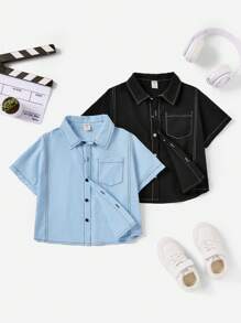 SHEIN 2pcs Young Boy Casual Sports Street Fashion White Decorative Thread Turn-Down Collar Short-Sleeved Loose Shoulder Black Shirt And Blue Shirt, Suitable For Daily Wear, School, Sports And Spring/Summer Seasons