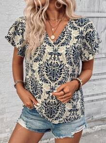 SHEIN LUNE In đầy đủ Áo sơ mi mùa hè tay áo cổ chữ V cắt ngẫu nhiên - Nhiều màu - Xem 3