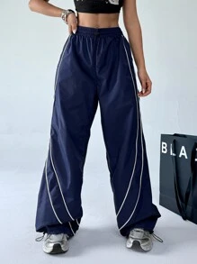 SHEIN EZwear Women's Contrast Piping Drawstring Waist Long Pants - Blue - View 4