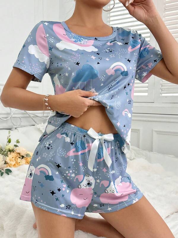 Women Cute Cloud & Teddy Print Round Neck Pajama Set