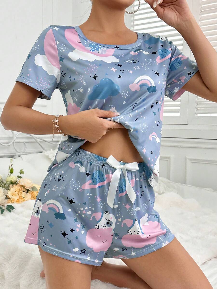 女士可愛的雲朵和泰迪熊圖案圓領睡衣套裝 - 彩色 - 查看 1