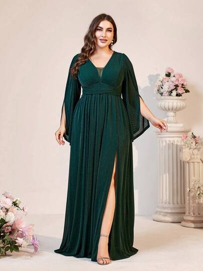 SHEIN Belle Vestido de dama de honor talla grande con escote en V profundo, abertura lateral alta y mangas abullonadas dramáticas - Elegante vestido largo de manga larga para eventos formales, graduación o cena