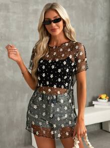 SHEIN Essnce 女士夏季雛菊印花透明休閒時尚連身衣 - 黑色 - 查看 6