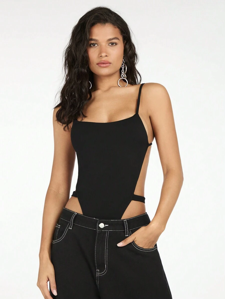 SHEIN BAE Áo liền quần màu trơn gợi cảm khoét hở hở lưng dây đeo spaghetti cho nữ, mùa hè - màu đen - Xem 1
