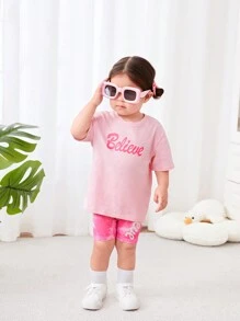 SHEIN Leap Crew Baby Girl Casual Loose Fit Letter Print Short Sleeve T-Shirt & Tie-Dye Shorts Set - Pink - View 6