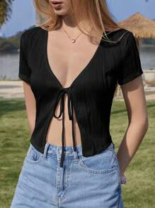 SHEIN EZwear Women Black Knitted Tie Front Summer Short Sleeve Top