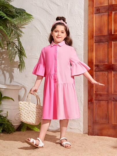 SHEIN 青少女大尺碼日常休閒短袖裙，帶有純色網片拼接襯衫，適用於春季/夏季