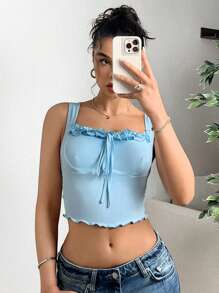 SHEIN EZwear Spring/Summer Sweet Light Blue Lettuce Hem Crop Top - Baby Blue - View 3