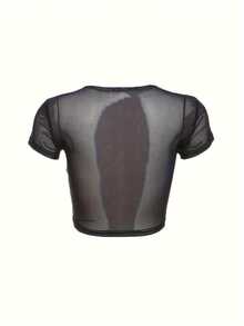 女士夏季黑色印花短袖網眼透視俱樂部派對T恤衫