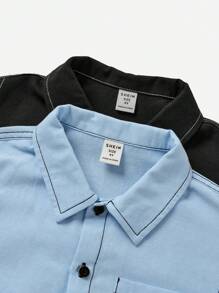 SHEIN 2pcs Young Boy Casual Sports Street Fashion White Decorative Thread Turn-Down Collar Short-Sleeved Loose Shoulder Black Shirt And Blue Shirt, Suitable For Daily Wear, School, Sports And Spring/Summer Seasons