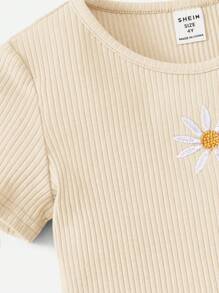 SHEIN Leap Crew 少女針織固色刺繡短袖T恤，圓領設計 - 杏色 - 查看 3