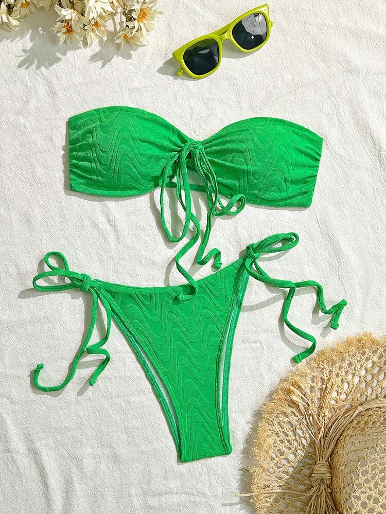 Women Solid Color Bandeau Bikini With Separated Bottom Summer Swimwear