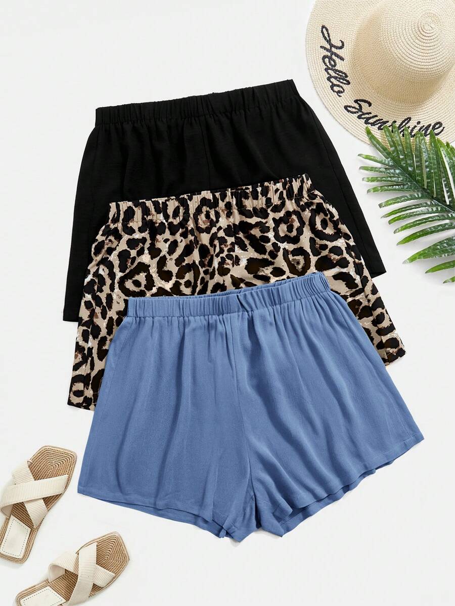 SHEIN VCAY Plus Size Nữ Mùa Hè Lưng Co Giãn Họa Tiết Da Báo Quần Short Thường Ngày Bộ 3 - Màu xanh bụi bặm - Xem 1