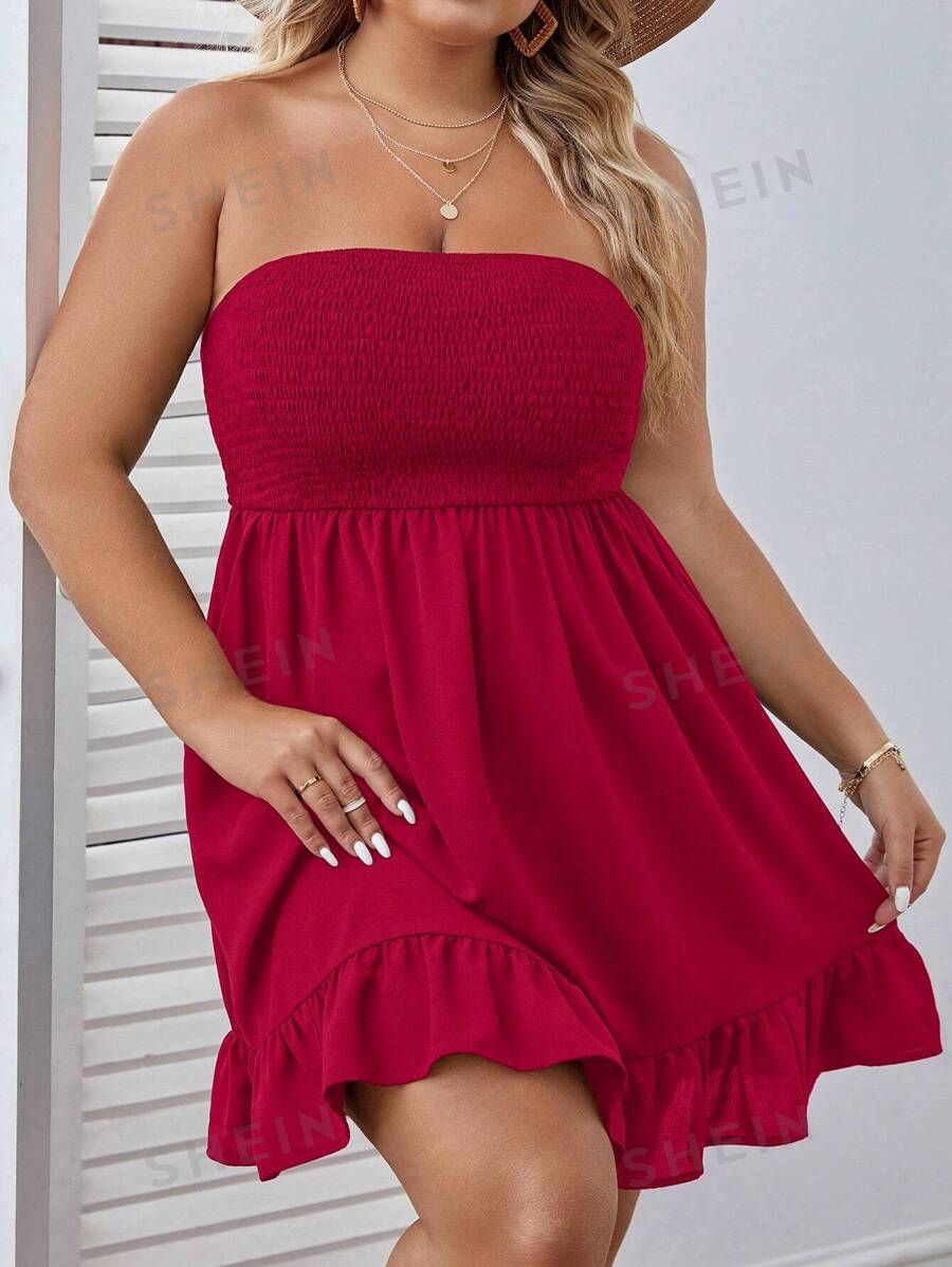 SHEIN VCAY Vestido tubo de talla grande de unicolor con volantes en el bajo, estilo sencillo de vacaciones de verano